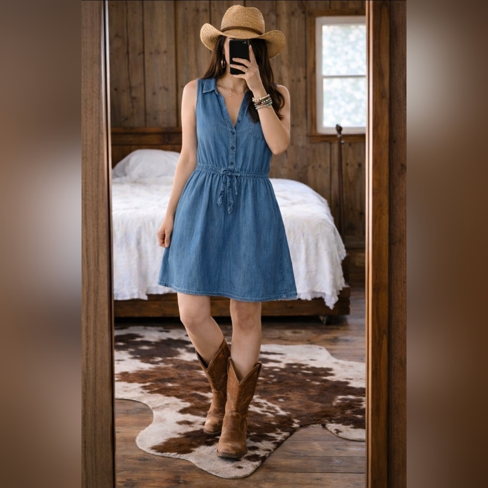 GAP Sleeveless Denim Blue Drawstring Waist Dress